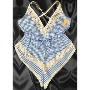 Mentionables Blue Gingham Lace Trim Romper Teddy Tie Waist Plus Size 2X NEW